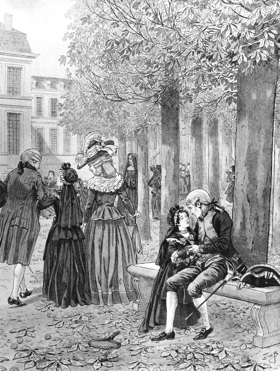 Napoléon Bonaparte prenant en charge sa sœur Elisa à St. Cyr vers 1784, illustration de 