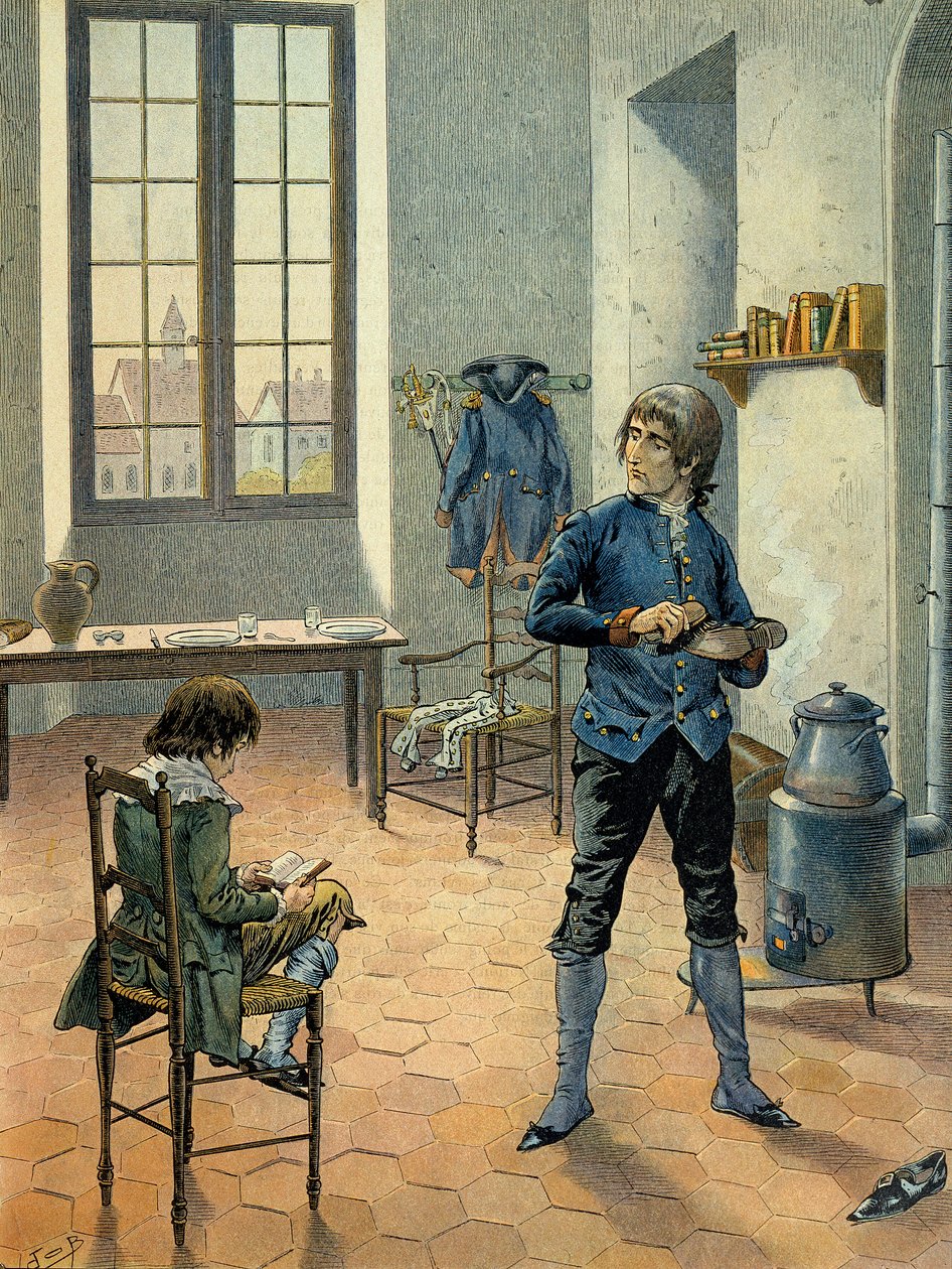 Napoléon Ier Bonaparte (1769-1821) en garnison à Auxonne avec son frère Louis Bonaparte (1778-1846) lisant entre 1788 et 1789. Illustration de Jacques Marie Gaston Onfray de Bréville dit JOB (1858-1931) - pseudonym for Onfray de Breville Jacques Job