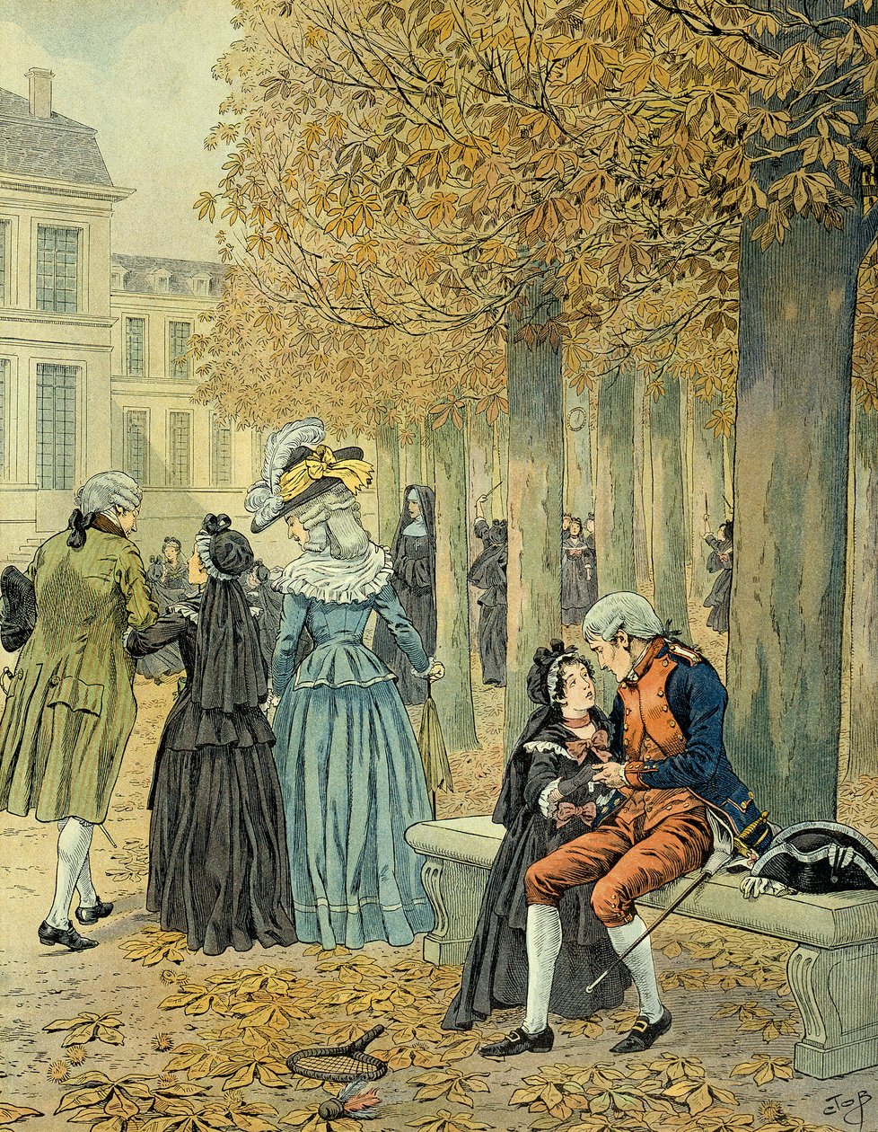 Napoléon Ier Bonaparte (1769-1821) rendant visite à sa sœur Elisa Bonaparte (1777-1820) à la maison royale de Saint-Cyr. Illustration de Jacques Marie Gaston Onfray de Bréville dit JOB (1858-1931) - pseudonym for Onfray de Breville Jacques Job