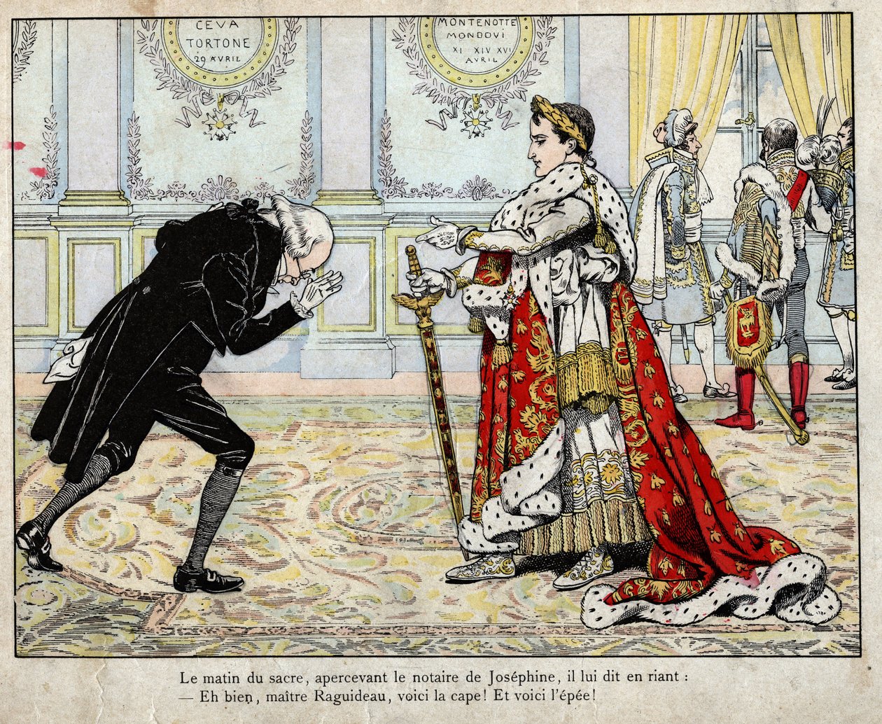 Napoléon et le notaire Raguideau, matin du couronnement 1804 - lithographie de Job (Jacques Onfroy de Bréville) de "Le Grand Napoléon des Petites Enfants" 1893 - pseudonym for Onfray de Breville Jacques Job