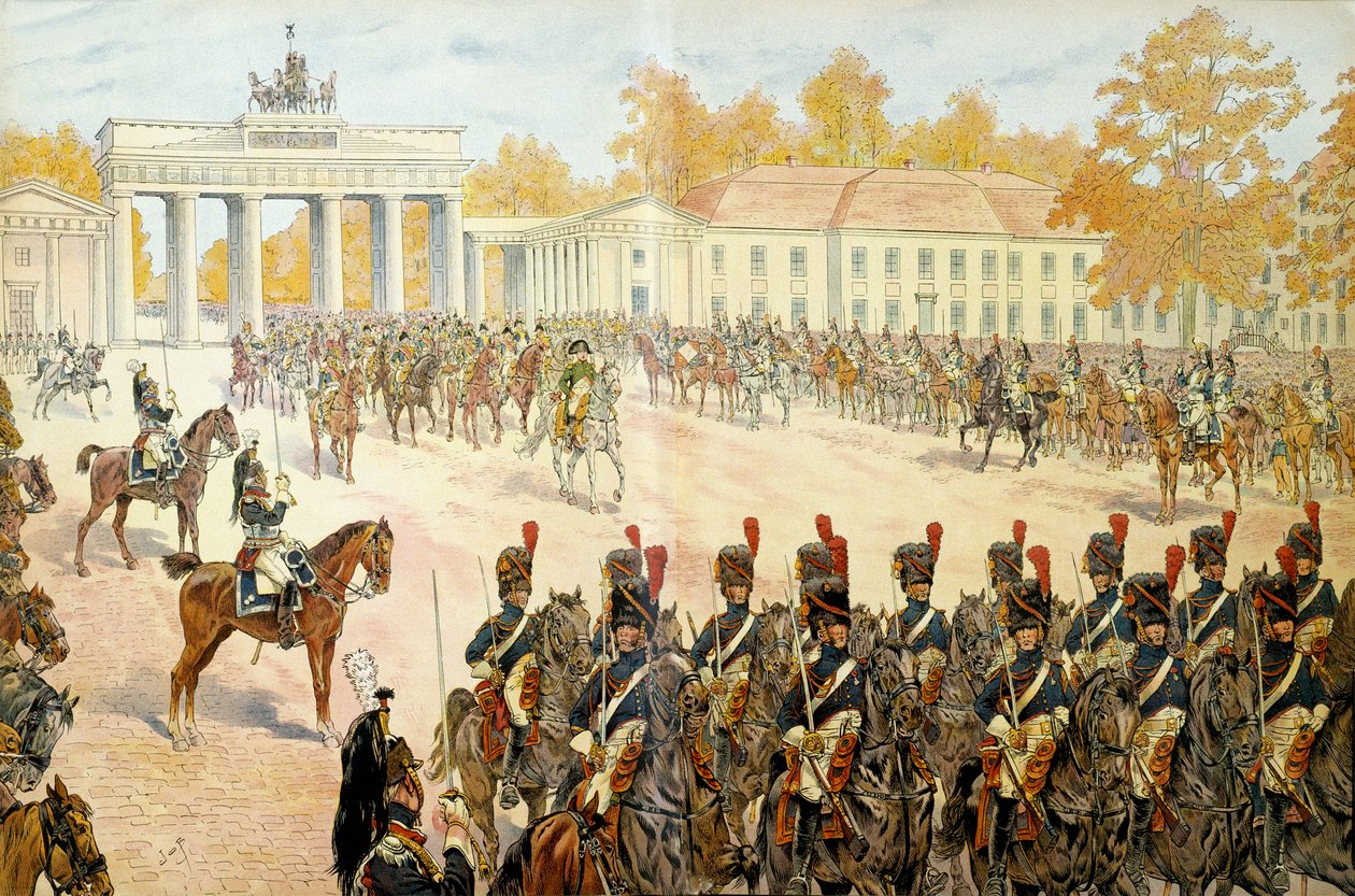 Le 27 octobre 1806, Napoléon Ier Bonaparte (1769-1821) et son armée entrent à Berlin. Dans "Napoléon" par Georges Montorgueil. Illustration de Jacques Marie Gaston Onfray de Bréville dit JOB (1858-1931) - pseudonym for Onfray de Breville Jacques Job