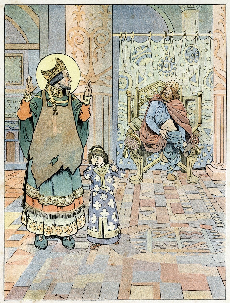 Saint Éloi (v.588-659) montre au roi de France Dagobert I (602 ou 605-638 ou 639) que son pantalon est mis à l