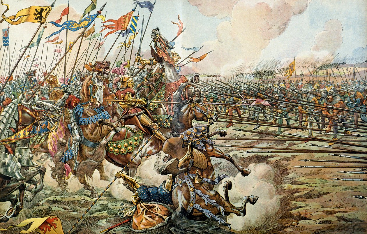 La bataille de Grandson entre les Bourguignons et les Suisses à Grandson, Suisse, le 2 mars 1476. Illustration de Jacques Marie Gaston Onfray de Breville dit JOB - pseudonym for Onfray de Breville Job