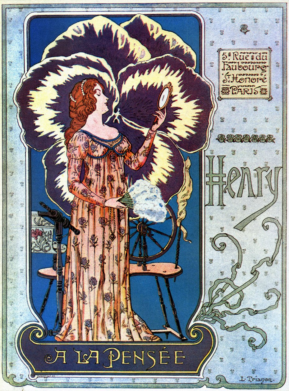 Art Nouveau : affiche publicitaire pour la boutique de cosmétiques « Henry à la Pensée » à Paris. Une jeune femme s