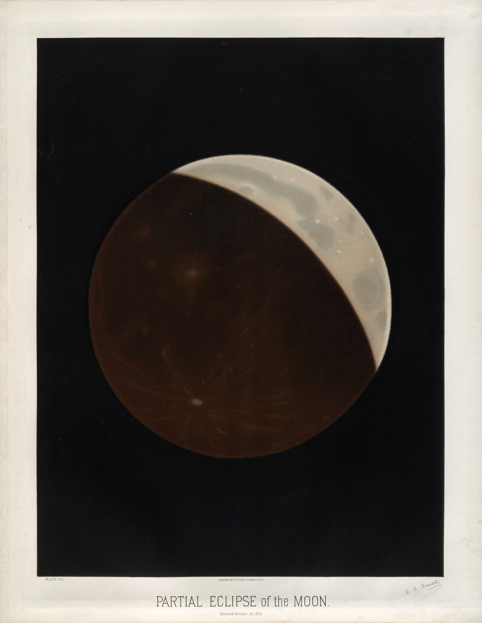 Éclipse partielle de la lune. Observée le 24 octobre 1874. (Planche VII des Dessins Astronomiques de Trouvelot 1881) - Étienne Léopold Trouvelot