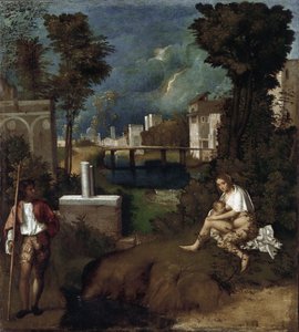 La tempête. Détail de la femme allaitant son enfant et du paysage - Giorgione