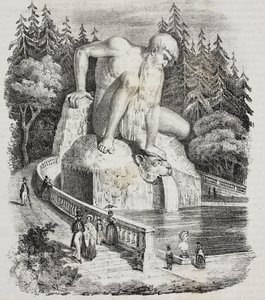 Colosse des Apennins (par Giambologna) dans le parc de la Villa Demidoff (Villa Medicea de Pratolino), Vaglia, Toscane, Italie, lithographie de Giovanni Mariani de Poliorama Pittoresco, n 10, 15 octobre