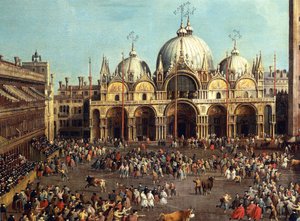 Corrida ou Chasse au taureau sur la Piazza San Marco, par Giovanni Antonio Canal, dit Canaletto (1697-1768) et par Giovanni Battista Cimaroli (1687-après 1753) - Canaletto