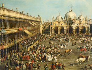 Corrida ou Chasse au taureau sur la Piazza San Marco, par Canaletto et Giovanni Battista Cimaroli - Canaletto