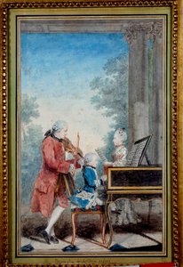 Wolfgang Amadeus Mozart (1756-1791) enfant jouant du piano avec son père et sa sœur - Carmontelle