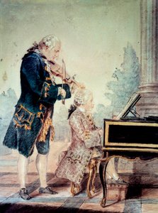 Wolfgang Amadeus Mozart (1756-1791) enfant jouant du piano avec son père Leopold. Aquarelle de Louis Carrogis Carmontelle (1717-1806) 1777 Paris, Musée Carnavalet - Carmontelle