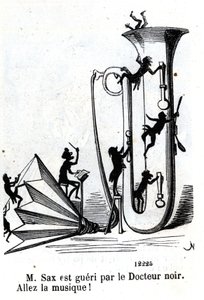 M. Sax est blessé par le docteur noir. (Adolphe (Adolph) Sax, inventeur du saxophone (1814-1894)) - Nadar