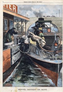 Accident mortel sur la Seine : un employé de la compagnie des Bateaux Parisiens meurt écrasé entre deux bateaux près du pont de Charenton. Gravure dans « Le Petit Parisien » du 17/02/1901 - (after) Carrey