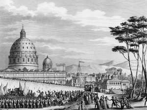 Révolution française : Entrée triomphale des Français à Rome en Italie en février 1798 dirigée par le général Louis Alexandre Berthier qui envahit les États pontificaux et s