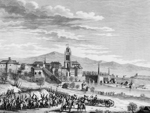 Guerre de la Révolution française : Entrée triomphale des Français à Berne (Suisse) en mars 1798. Gravure de Berthaut d