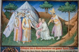 Les frères Nicolo et Matteo Polo, père et oncle du jeune Marco Polo (1254-1324) reçus à la cour du Grand Qubilai (Kubilai Khan, premier empereur de la dynastie mongole Yuan, 1215-1294). Miniature tirée de...