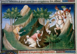 Extraction de rubis de la montagne de Sighinan par ordre du roi de Badakhchan. Miniature tirée du Livre des Merveilles (Devisement du Monde, Il Milione) par Marco Polo, illustrée par le Maître de - (and workshop) Boucicaut Master