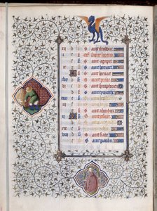 Page de manuscrit « Les Très Riches Heures du Duc François de Guise » décorée de signes du zodiaque et représentation des travaux agricoles, la moisson. Miniature du Maître de Boucicaut - (and workshop) Boucicaut Master