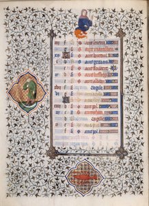 Page du manuscrit Les Très Riches Heures du Duc François de Guise enluminé par le Maître de Boucicaut : représentation des signes du zodiaque et scènes de la vie quotidienne : cancer et un homme avec une faucille. 15e siècle. Musée Condé, Chantilly