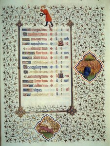 Page du manuscrit « Les Très Riches Heures du Duc François de Guise » enluminé par le Maître de Boucicaut : représentation des signes du zodiaque et scènes de la vie quotidienne : le sagittaire et un éleveur de bétail. 15ème siècle. Musée Condé, Chantilly - (and workshop) Boucicaut Master