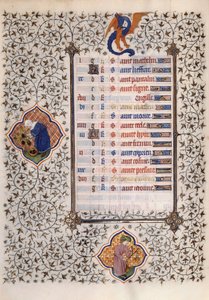 Page du manuscrit « Les Très Riches Heures du Duc François de Guise » enluminé par le Maître de Boucicaut : représentation des signes du zodiaque et des travaux agricoles : balance et moisson. 15ème siècle. Musée Condé, Chantilly - (and workshop) Boucicaut Master