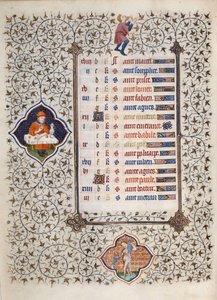 Page du manuscrit « Les Très Riches Heures du Duc François de Guise » enluminé par le Maître de Boucicaut : représentation des signes du zodiaque et scènes de la vie quotidienne : le Verseau et une scène de repas. 15e siècle. Musée Condé, Chantilly - (and workshop) Boucicaut Master
