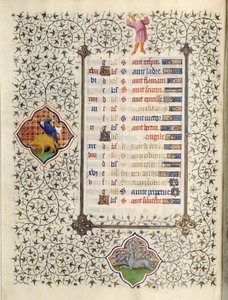 Page du manuscrit « Les Très Riches Heures du Duc François de Guise » enluminé par le Maître de Boucicaut : représentation des signes du zodiaque et scènes de la vie quotidienne : le capricorne et la chasse au sanglier. 15e siècle. Musée Condé, Chantilly - (and workshop) Boucicaut Master