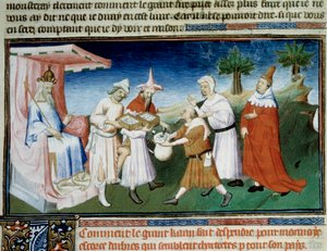 Qubilai (Kubilai Khan, premier empereur de la dynastie mongole Yuan (1215-1294) paie ses achats avec des pièces en écorce de mûrier miniature tirée du "Livre des Merveilles" de Marco Polo ("Devisement du Monde", "Il Milione") illustrée par le Maître de Bou