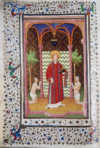 Représentation de Saint Léonard (6e siècle), ermite du Limousin, libérant deux prisonniers Page du manuscrit « Les Très Riches Heures du Duc François de Guise » enluminée par le Maître de Boucicaut. 15e siècle. Musée Condé, Chantilly - (and workshop) Boucicaut Master