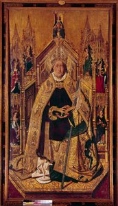 Saint Dominique de Silos (1000-1073) sur le trône. Dominique était un berger de Navarre. Il est devenu moine bénédictin à Silos, Castille. Peinture sur bois de Cardenas Bermejo (1435/40-1500) XVe siècle Dim. 242 x 130 cm Madrid, Musée du Prado - Bermejo