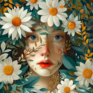Beau visage de femme entouré de fleurs de pavot