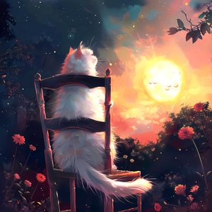 Un chat blanc assis sur une vieille chaise en bois regarde la lune - F. Abderrahim