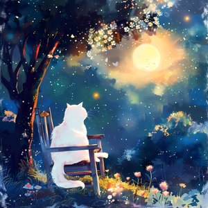 Un chat blanc assis sur une vieille chaise en bois la nuit au clair de lune - F. Abderrahim