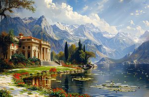 Peinture de paysage urbain : villa de style Grèce antique et lac pour décoration murale - F. Abderrahim