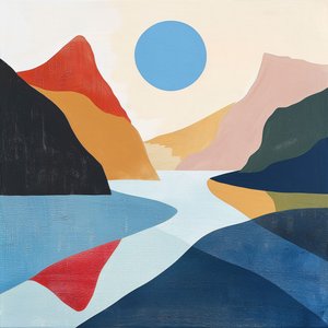 Paysage abstrait vue sur le lac formes géométriques minimalistes pour décoration murale - F. Abderrahim