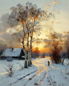 Une maison à la campagne au coucher du soleil en hiver au milieu de la neige, impressions d