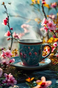 Une tasse de café surréaliste bordée de fleurs pour décoration murale moderne