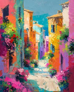 Peinture abstraite de maisons colorées dans une rue de village méditerranéen - F. Abderrahim