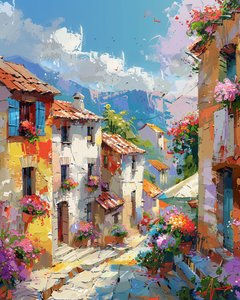 Peinture abstraite de maisons colorées dans une vieille ville traditionnelle - F. Abderrahim