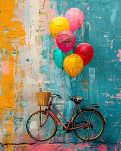 Peinture primitive abstraite de vélo montant avec des ballons