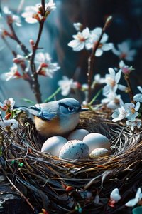 Oiseau couvant des œufs entouré de fleurs blanches