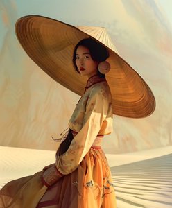 Femme chinoise en kimono jaune dans un désert