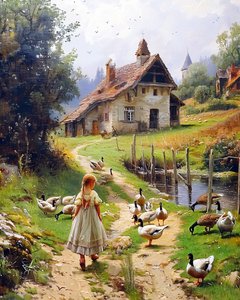Fille et volaille dans un paysage européen ancien - F. Abderrahim