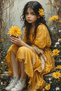 Belle fille innocente tenant des fleurs dans un paysage de nature et de beauté