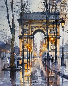 Peinture aquarelle des Champs-Élysées à Paris en hiver