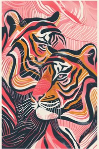Illustration de tigres roses, rouges et oranges - F. Abderrahim