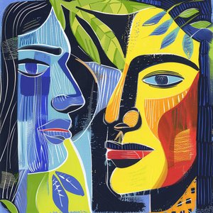 Peinture minimaliste abstraite de visages de deux hommes
