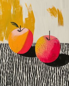 Peinture botanique de fruit de pomme et plante - F. Abderrahim