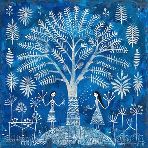 Peinture avec motif naïf : femmes sous un arbre en bleu - F. Abderrahim