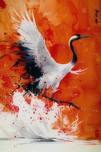 Cigogne peinte en couleurs chaudes style artistique asiatique
